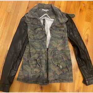 Camo denim jacket with faux leather sleeves